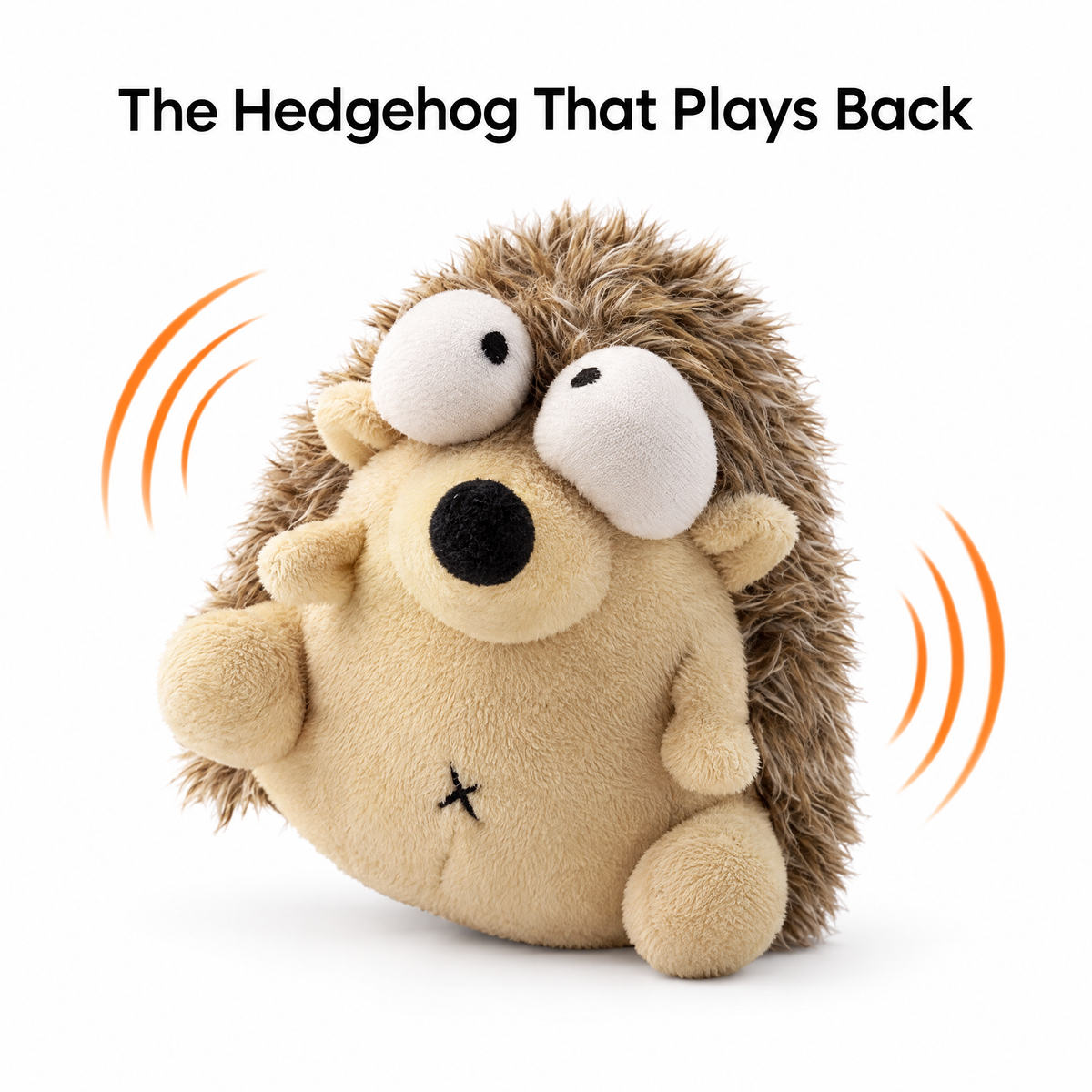 Bouncy hedgehog dog toy, plush hedgehog with googly eyes that vibrates and bounces, on white background