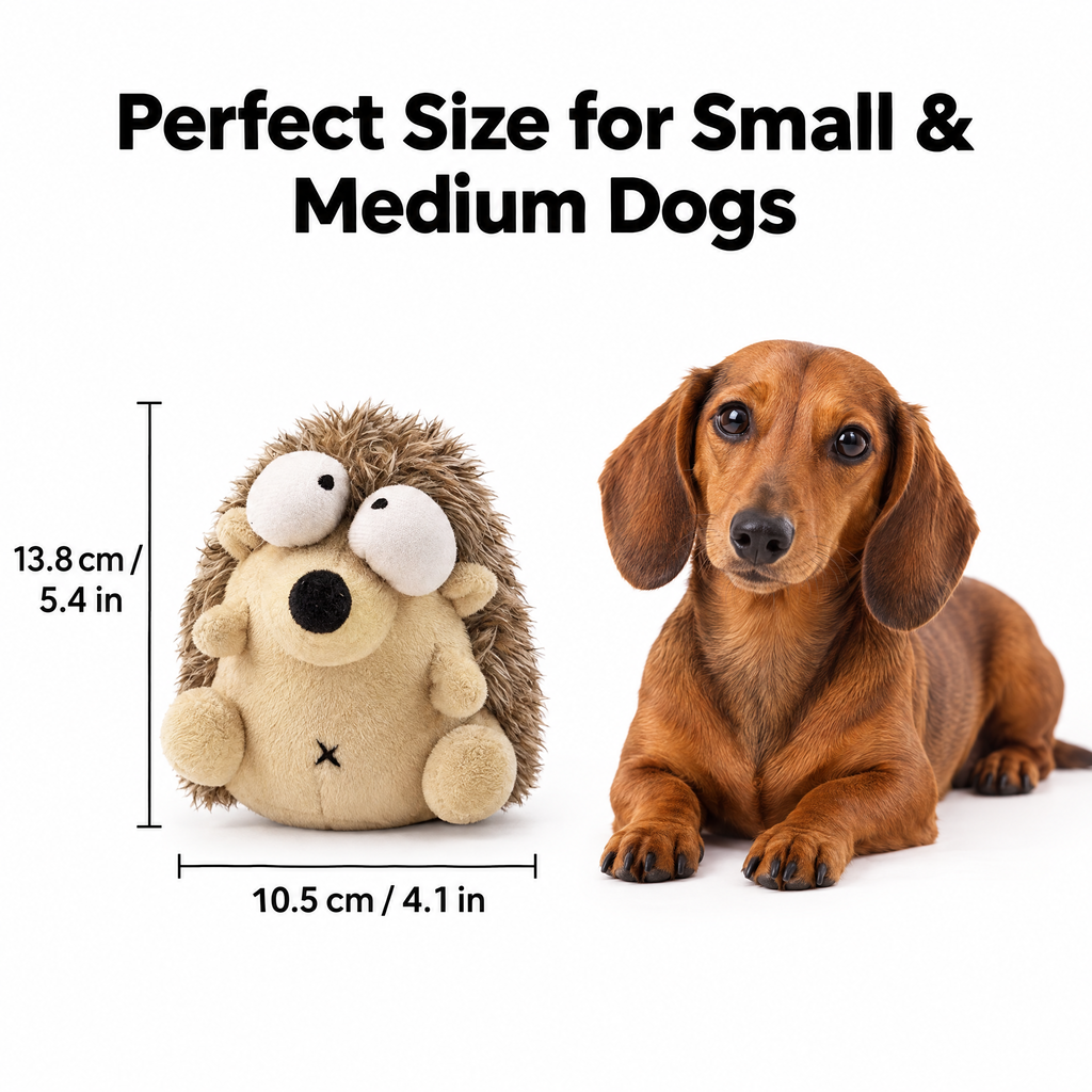 Hedgehog dog toy size 13.8 cm tall by 10.5 cm wide, for small and medium dogs