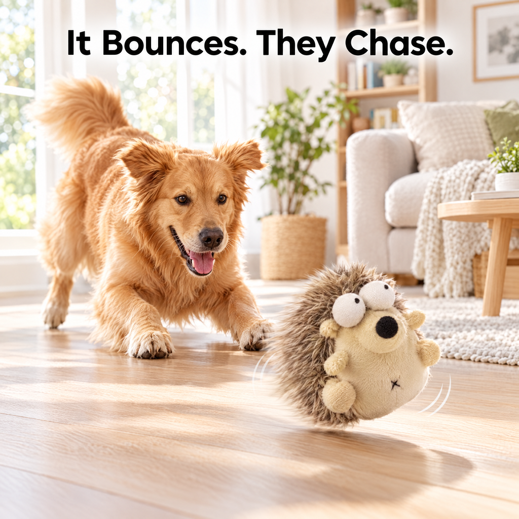 Golden retriever chasing the bouncing plush hedgehog dog toy in a bright living room