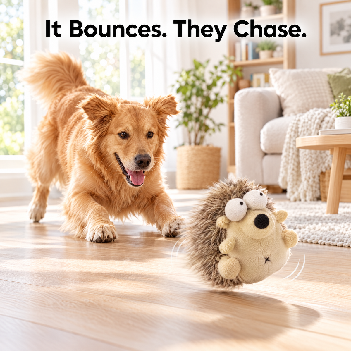 Golden retriever chasing the bouncing plush hedgehog dog toy in a bright living room