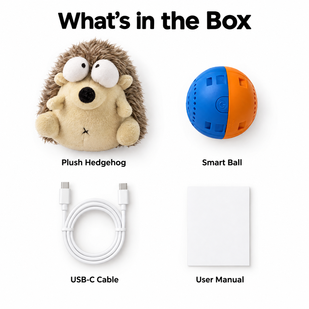 What's in the box: plush hedgehog cover, smart bouncing ball, USB-C cable and user manual