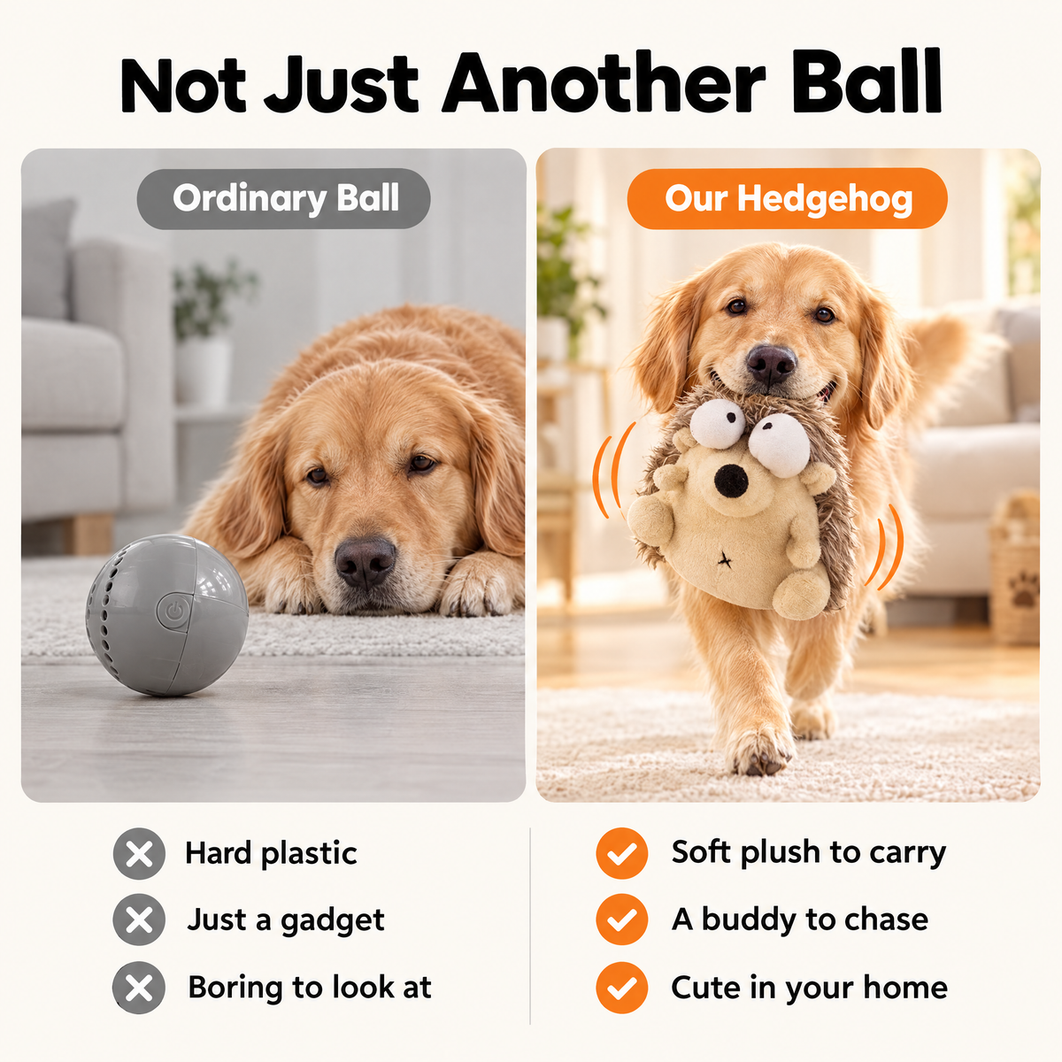 Not just another ball: ordinary plastic dog ball vs plush hedgehog toy that dogs love to carry and chase