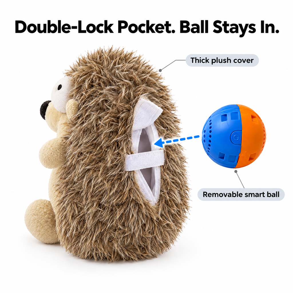 Removable smart bouncing ball fits into a double-lock hook-and-loop pocket on the back of the plush hedgehog