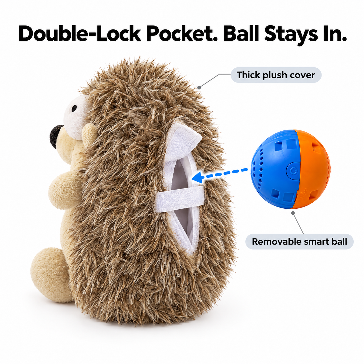 Removable smart bouncing ball fits into a double-lock hook-and-loop pocket on the back of the plush hedgehog