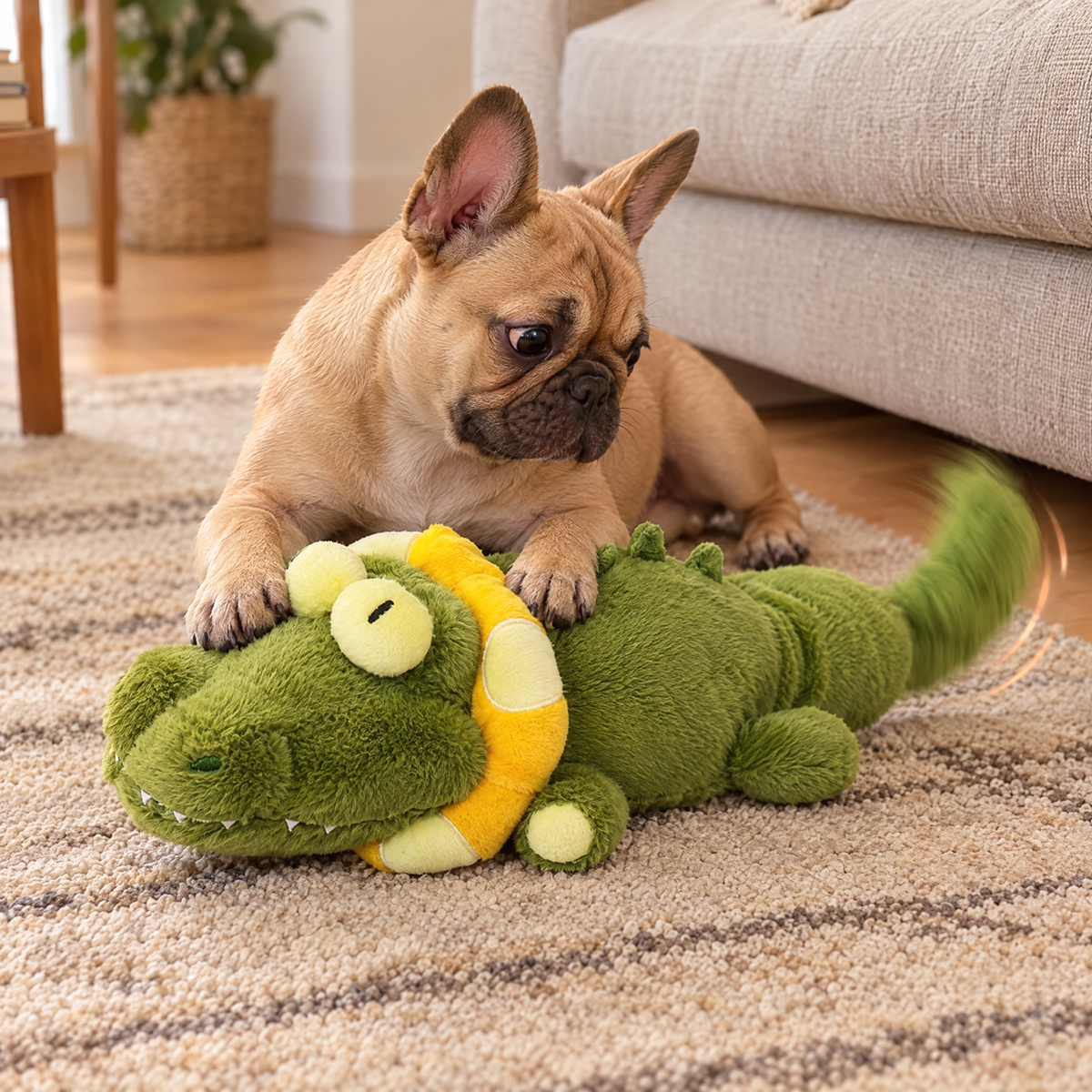 French bulldog holding the wiggle crocodile toy on a rug