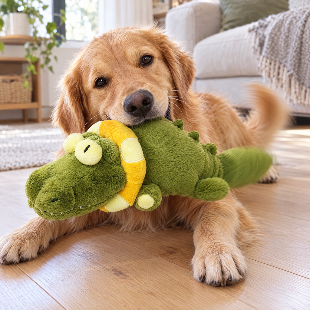 Golden retriever biting the plush crocodile toy as its tail wags