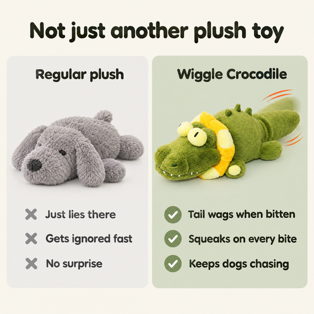 Not just another plush toy: regular plush vs crocodile toy whose tail wags when bitten
