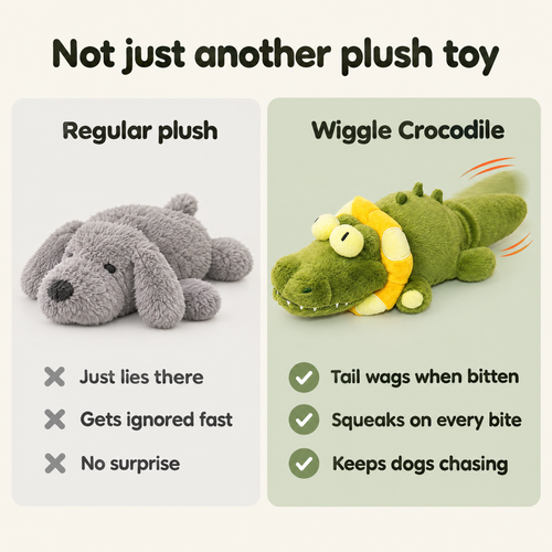 Not just another plush toy: regular plush vs crocodile toy whose tail wags when bitten