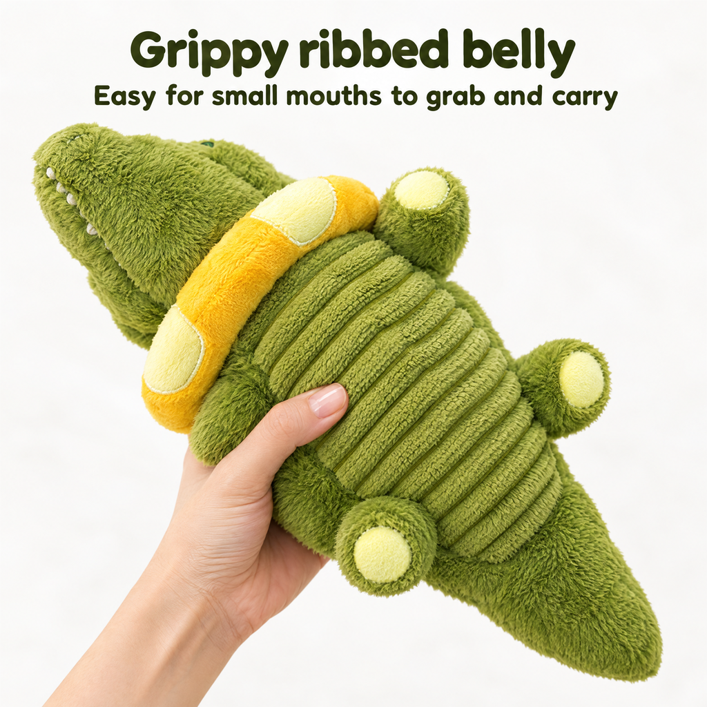 Grippy ribbed belly, easy for small mouths to grab and carry