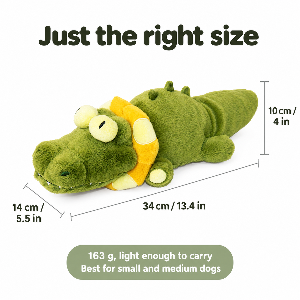 Crocodile dog toy size 34 x 14 x 10 cm, 163 g, for small and medium dogs