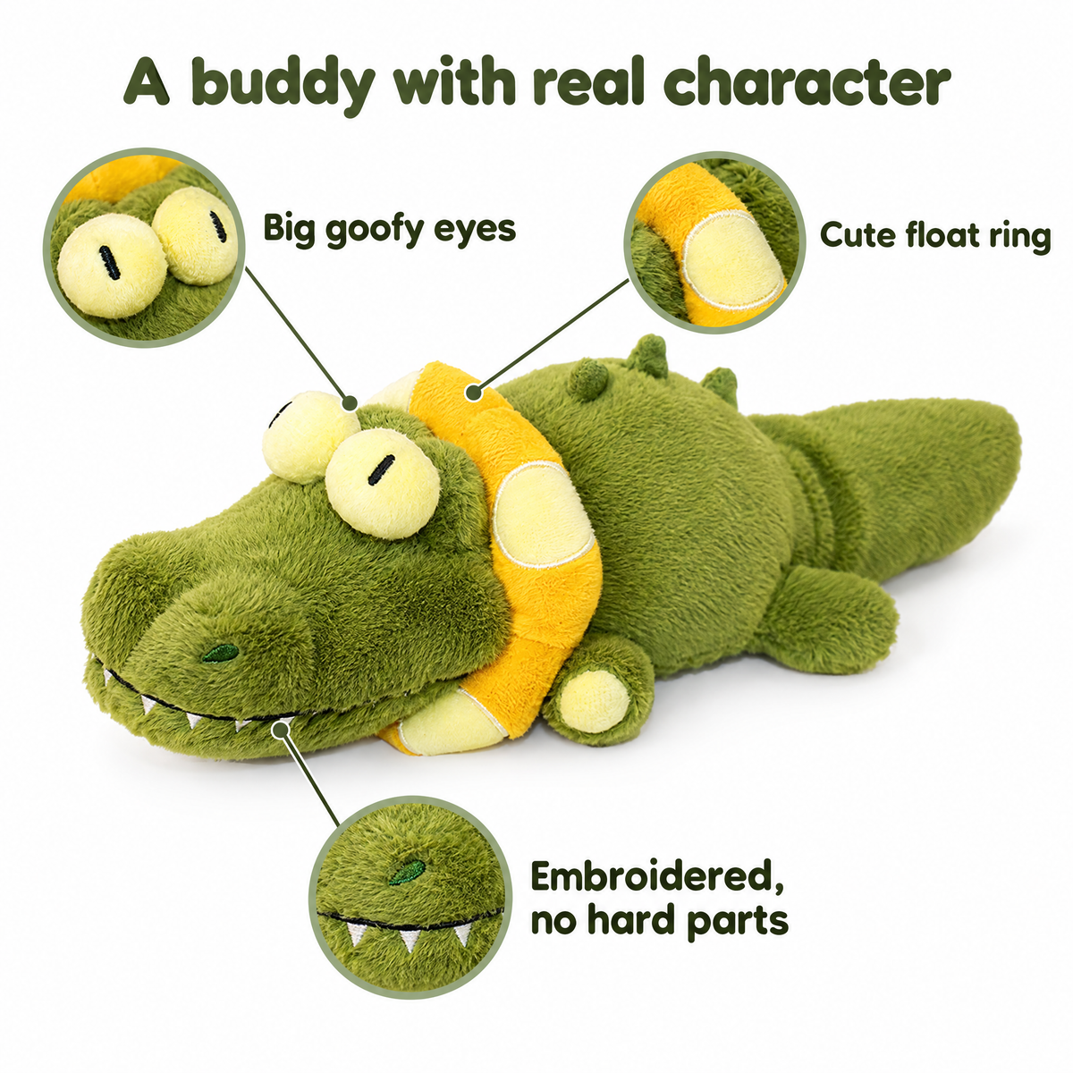 Crocodile toy details: big goofy eyes, cute float ring, embroidered teeth with no hard parts