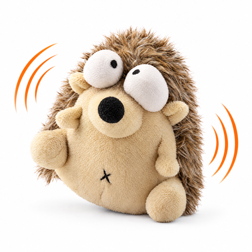 Bouncy hedgehog dog toy, plush hedgehog with googly eyes that wiggles and bounces, on white background