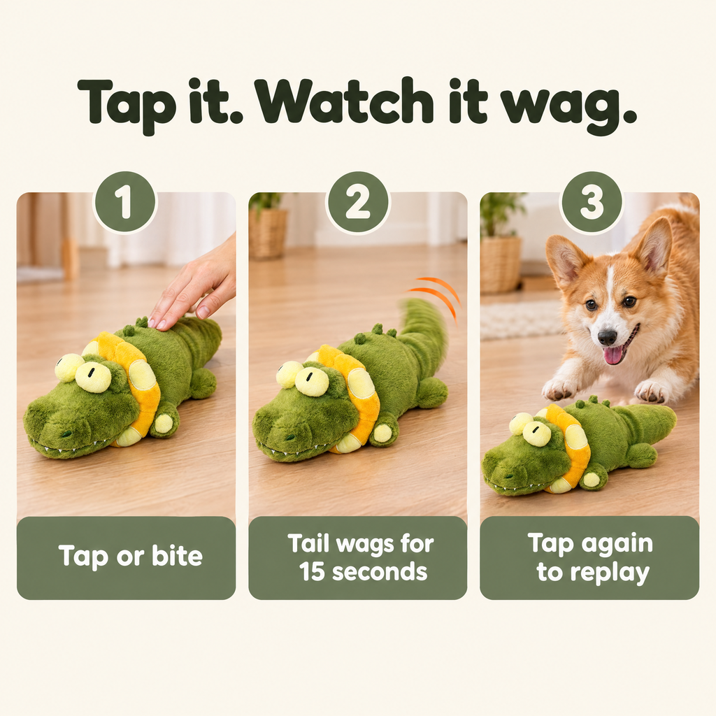 How it works: tap or bite the crocodile, the tail wags for 15 seconds, tap again to replay