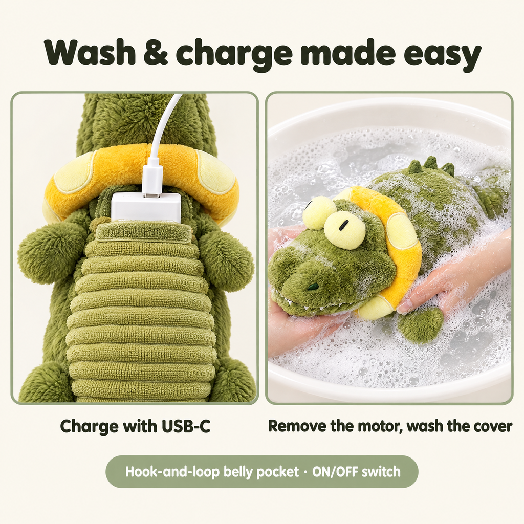 Wash and charge made easy: the motor sits in a hook-and-loop belly pocket and charges with USB-C; take it out to wash the plush cover